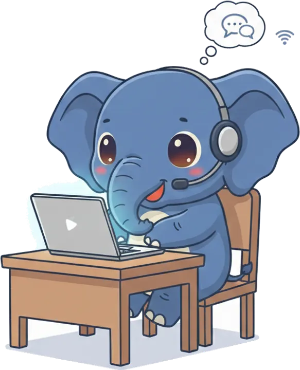 The Elephrend elephant wearing a headset at a laptop, with a speech bubble above it